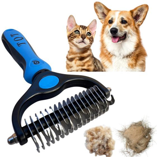TQT Pet Grooming Brush - Double Sided Shedding and Dematting Undercoat Rake Comb for Dogs and Cats, No More Nasty Shedding or Flying Hair