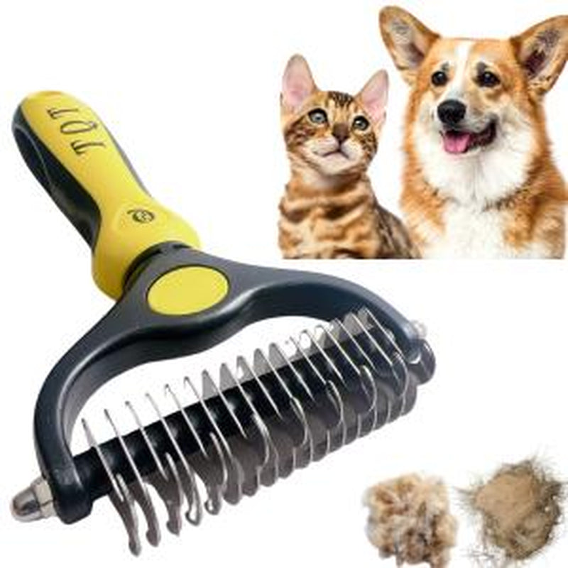 TQT Pet Grooming Brush - Double Sided Shedding and Dematting Undercoat Rake Comb for Dogs and Cats, No More Nasty Shedding or Flying Hair