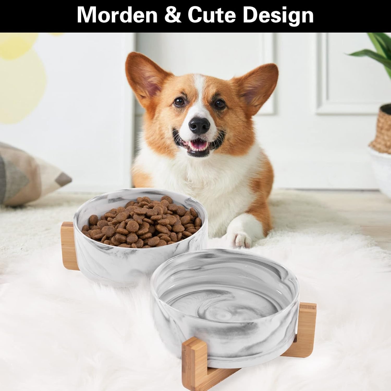 Marbling Cat Bowls, Puppy Ceramic Food and Water Bowls Set, 1 3/4 Cups X 2, Indoors Black Pet Bowls with Wood Stand