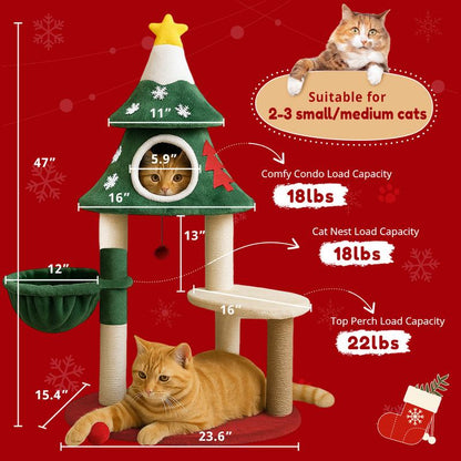 Comhoma 52" Christmas Cat Tree with 2 Cozy Houses,Indoor Modern Cat Tower with Anti-Tip Kit,Plush Perches & Hanging Balls,Holiday Cat Climbing Furniture for Kittens to Play and Sleep