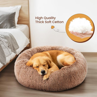 Calming Donut Cat & Dog Bed for Small Dogs, Faux Fur Plush round Dog Bed, Anti-Anxiety Waterproof Anti-Slip