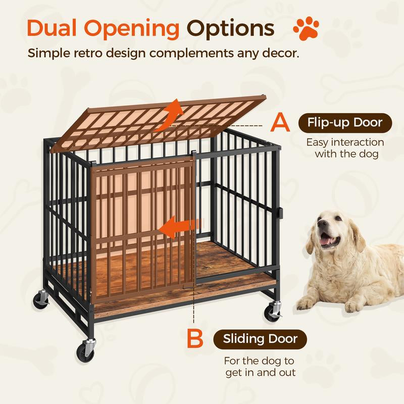 MAHANCRIS Foldable Heavy Duty Dog Kennel Indoor for Large Dogs, 38.6" Dog Crate Furniture with Barn Door, Wooden Dog Cage with Wheels, Anti-Chew Anti-Escape, Easy Assembly, Rustic Brown