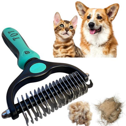 TQT Pet Grooming Brush - Double Sided Shedding and Dematting Undercoat Rake Comb for Dogs and Cats, No More Nasty Shedding or Flying Hair