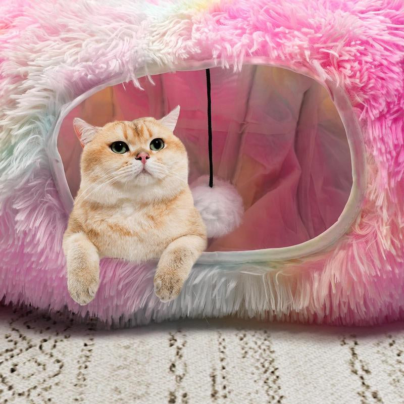 Winter Warm Pet Bed, 2 in 1 Foldable Cat Tunnel Cat Bed, Warm Plush Cat Bed with Hanging Ball & Tunnel Buckle, Pet Supplies for Indoor Outdoor Use