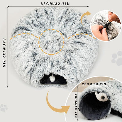 Winter Warm Pet Bed, 2 in 1 Foldable Cat Tunnel Cat Bed, Warm Plush Cat Bed with Hanging Ball & Tunnel Buckle, Pet Supplies for Indoor Outdoor Use