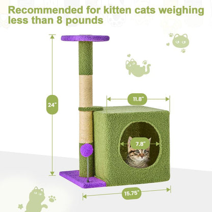 Wecharmer Cat Tree / Tower for Indoor with Green Leaves, Cat Condo Cozy Plush House with Hang Ball, Pet Furniture with Scratching Posts Cat Tree