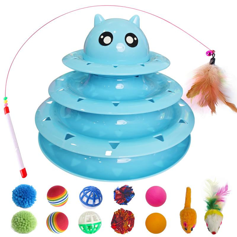 Interactive 4-Tier Roller Track Cat Toys with Colorful Chase Balls & Funny Cat Stick for Stimulating Kitty Senses & Hunting Instincts Geometric Design Anti-Slip Pads Safe Durable Material