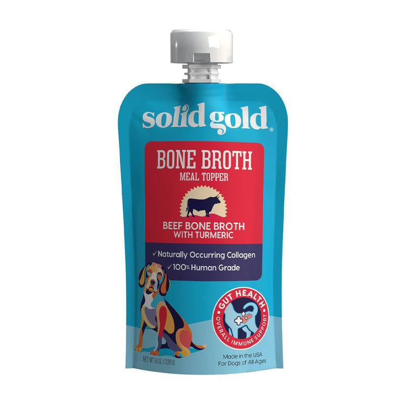 Solid Gold Bone Broth Beef Topper for Dogs - Nutrient-Rich Flavor with Turmeric for Picky Eaters - Made in USA - 12 Pouches