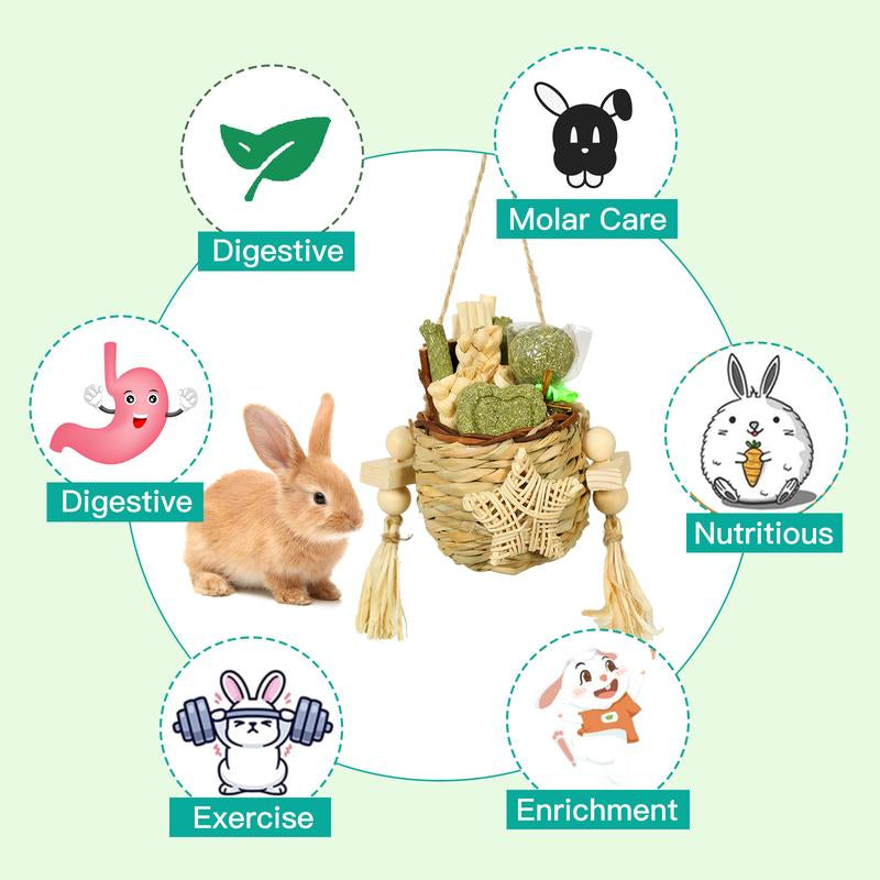 Rabbit Toy Natural Reed Grass Hanging Basket Chews, Woven Bunny Chewing Timothy Cake Wood Treats for Small Pets