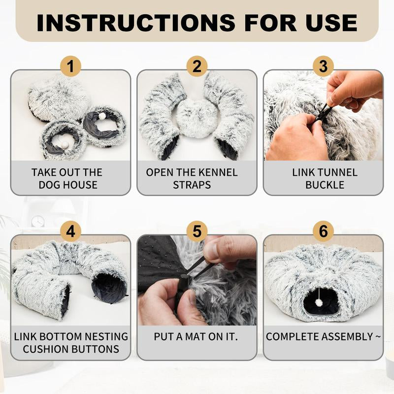 Winter Warm Pet Bed, 2 in 1 Foldable Cat Tunnel Cat Bed, Warm Plush Cat Bed with Hanging Ball & Tunnel Buckle, Pet Supplies for Indoor Outdoor Use