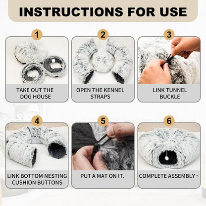 Winter Warm Pet Bed, 2 in 1 Foldable Cat Tunnel Cat Bed, Warm Plush Cat Bed with Hanging Ball & Tunnel Buckle, Pet Supplies for Indoor Outdoor Use