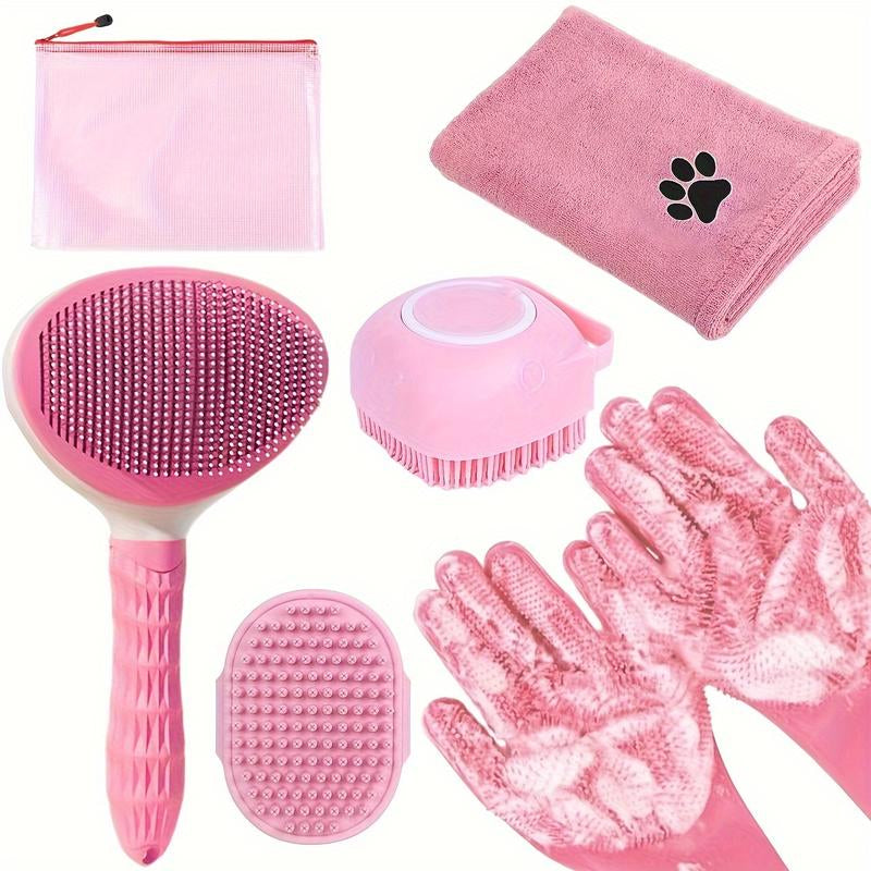 6Pcs Dog Bath Brush Kit with Towel & Washing Gloves, Slicker Hair Grooming Brush for Shedding, Shampoo Scrubber for Dogs and Cats