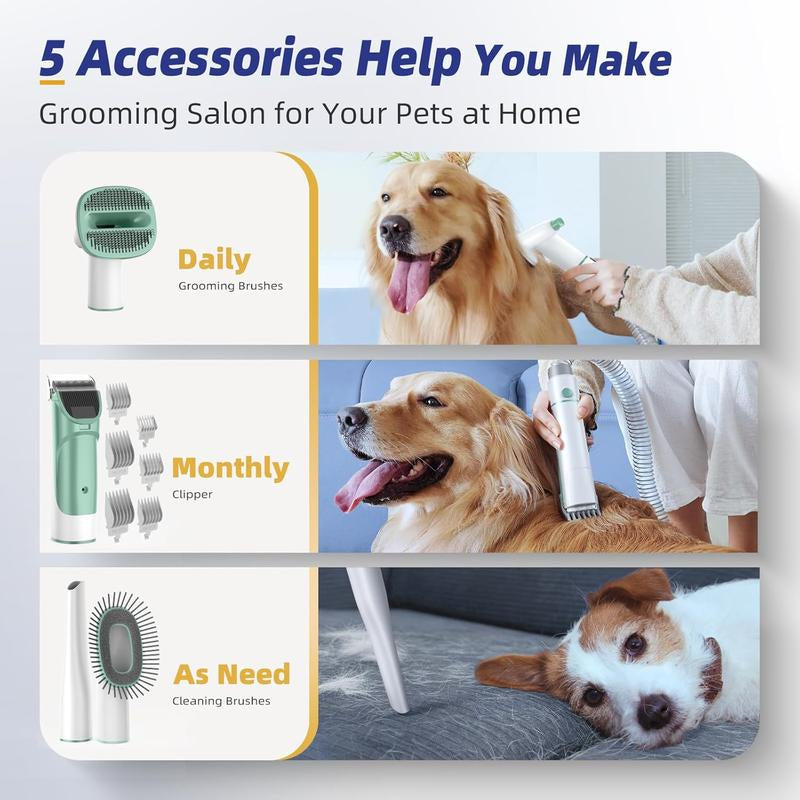 Buenkee Dog Grooming Kit with Pet Grooming Vacuum, Dog Clipper, Pet Grooming Shedding Brush, Cleaning Tool in 1, Low Noise Dog Vacuum for Dogs Cats, Green