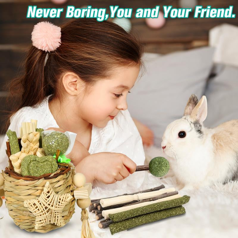Rabbit Toy Natural Reed Grass Hanging Basket Chews, Woven Bunny Chewing Timothy Cake Wood Treats for Small Pets