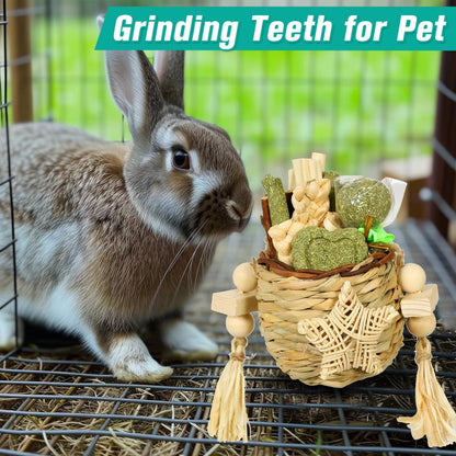 Rabbit Toy Natural Reed Grass Hanging Basket Chews, Woven Bunny Chewing Timothy Cake Wood Treats for Small Pets