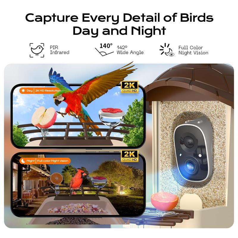 Smart Bird Feeder with Camera 2K HD Live Video Solar Powered AI Bird Species Identification Auto Capture Video Instant Arrival Alerts Ideal Gift for Mom Dad Bird Lovers