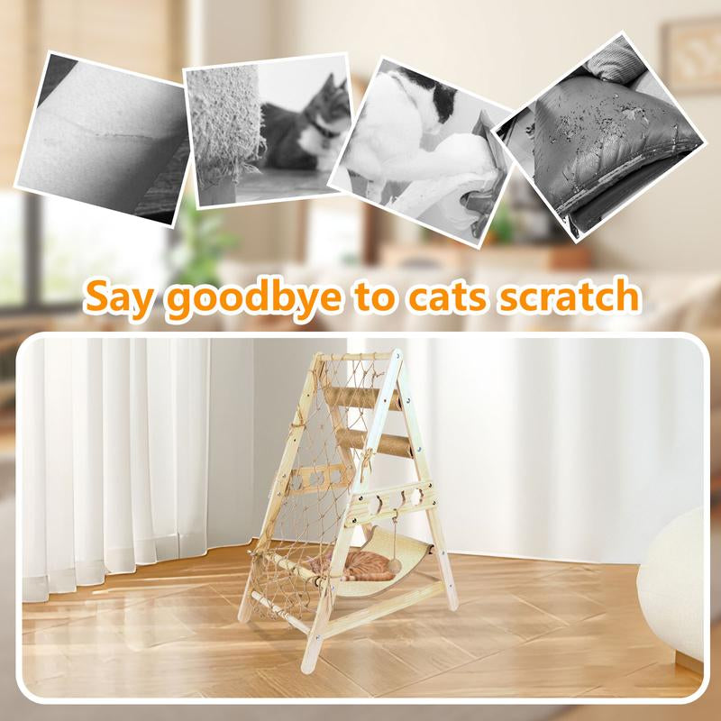 Cat Tower for Indoor Cats with Hammock Straching Post Climbing Web and Danging Sisal Ball, Cute Solid Wood Cat Tree Cat Furniture Pet House with Cat Scratching Posts