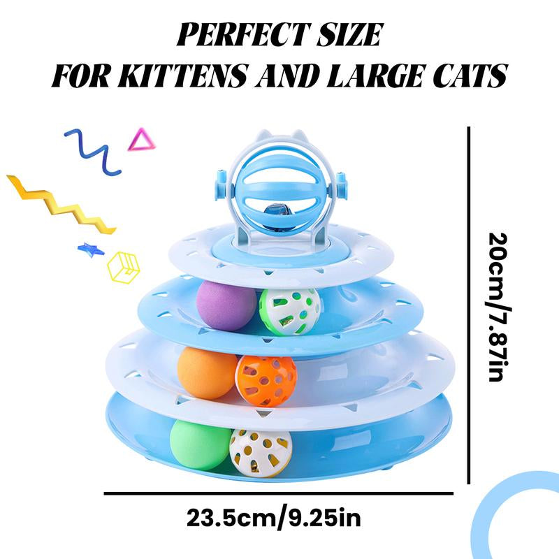 Interactive 4-Tier Roller Track Cat Toys with Colorful Chase Balls & Funny Cat Stick for Stimulating Kitty Senses & Hunting Instincts Geometric Design Anti-Slip Pads Safe Durable Material