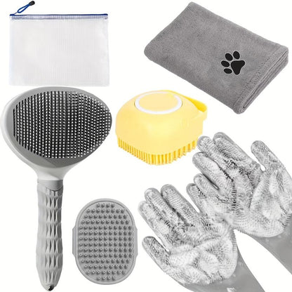 6Pcs Dog Bath Brush Kit with Towel & Washing Gloves, Slicker Hair Grooming Brush for Shedding, Shampoo Scrubber for Dogs and Cats
