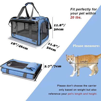Soft-Sided Pet Carrier for Cats & Small Dogs, Foldable & Breathable Mesh Travel Bag with Secure Zippers & Privacy Flaps for Vet, Car, and Air Travel.