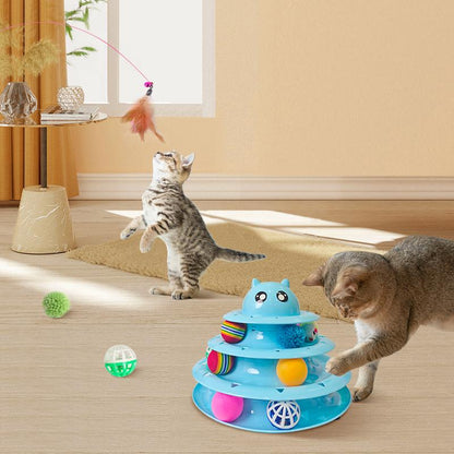 Interactive 4-Tier Roller Track Cat Toys with Colorful Chase Balls & Funny Cat Stick for Stimulating Kitty Senses & Hunting Instincts Geometric Design Anti-Slip Pads Safe Durable Material