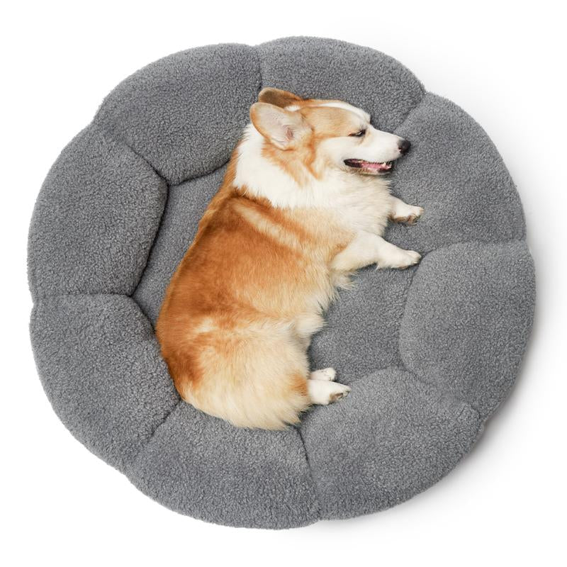 Lesure Calming Flower Bed - Flower Donut round Fluffy Puppy Bed in Plush Teddy Sherpa, Non-Slip Cute Flower Beds for Indoor, Machine Washable Dog Furniture Pet Supplies