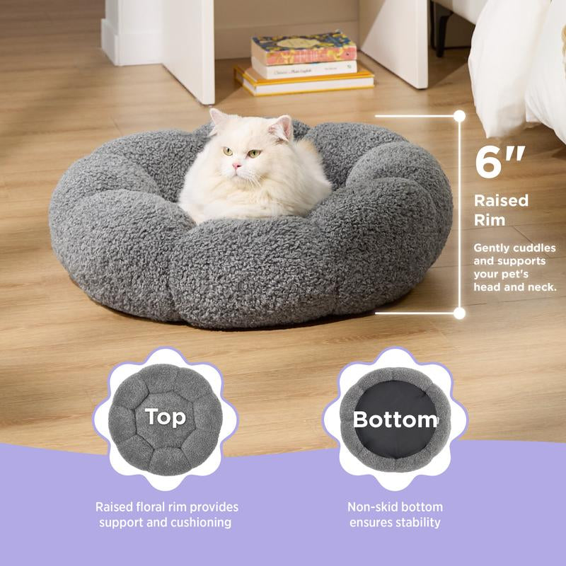 Lesure Calming Flower Bed - Flower Donut round Fluffy Puppy Bed in Plush Teddy Sherpa, Non-Slip Cute Flower Beds for Indoor, Machine Washable Dog Furniture Pet Supplies