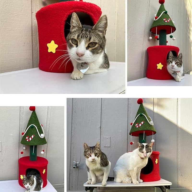 YITAHOME Cat Scratching Post with Cat House for Indoor Kitten, 32" Small Cat Tree Tower with Large Sisal, Cute Hanging Ball, Green Sisal Cat Scratcher