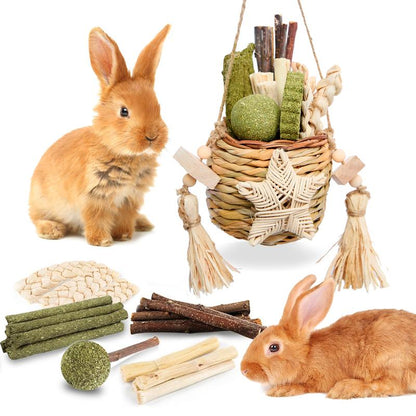 Rabbit Toy Natural Reed Grass Hanging Basket Chews, Woven Bunny Chewing Timothy Cake Wood Treats for Small Pets