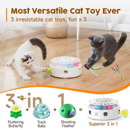 Potaroma 3In1 Cat Toys Automatic Interactive Kitten Toy, Fluttering Butterfly, Moving Ambush Feather, Track Balls, Dual Power Supplies, USB Powered, Indoor Exercise Kicker