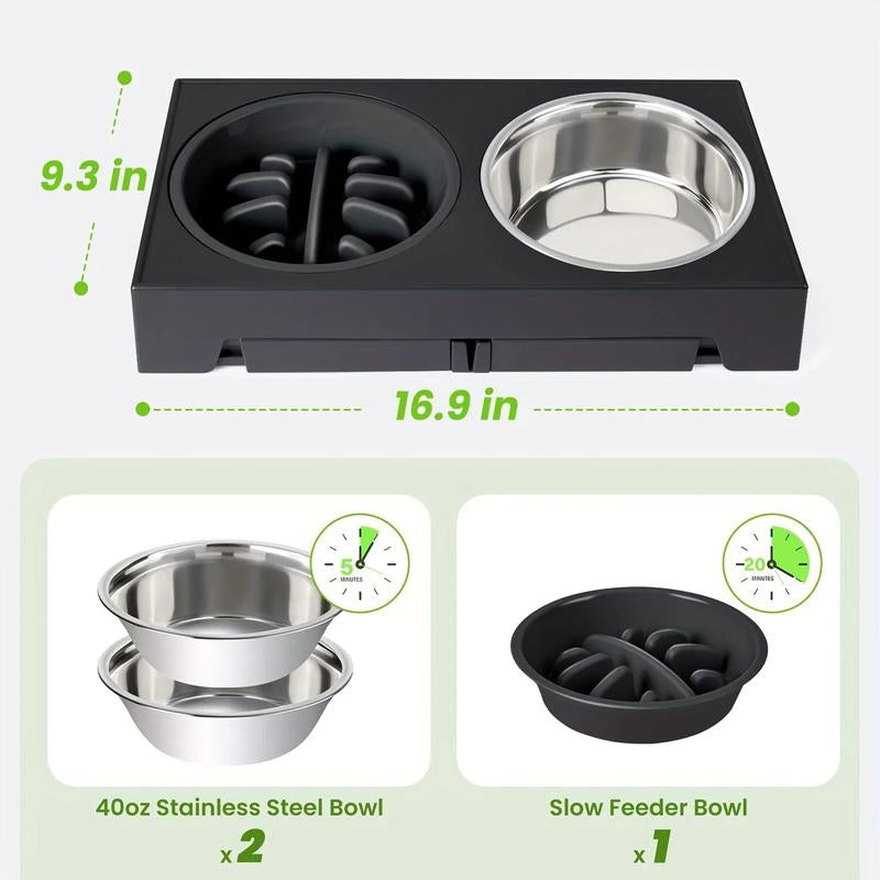 Elevated Dog Bowls, 5 Adjustable Heights Raised Dog Bowl Stand, with 2 Stainless Steel Dog Food Bowls and 1 Slow Feeder Dog Bowl, Adjusts to Height 3.2" to 12.2" for Small Medium Large Dogs Feeding