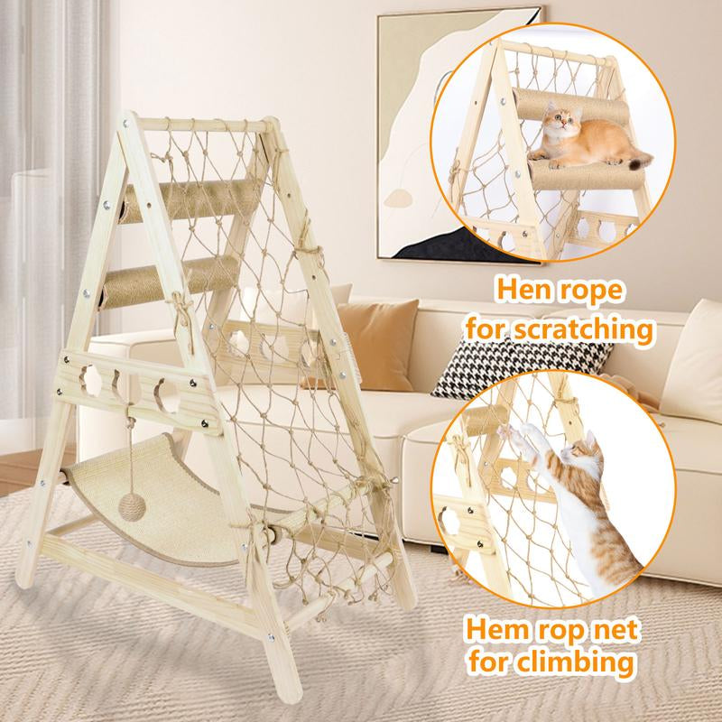 Cat Tower for Indoor Cats with Hammock Straching Post Climbing Web and Danging Sisal Ball, Cute Solid Wood Cat Tree Cat Furniture Pet House with Cat Scratching Posts