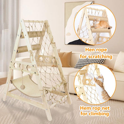 Cat Tower for Indoor Cats with Hammock Straching Post Climbing Web and Danging Sisal Ball, Cute Solid Wood Cat Tree Cat Furniture Pet House with Cat Scratching Posts