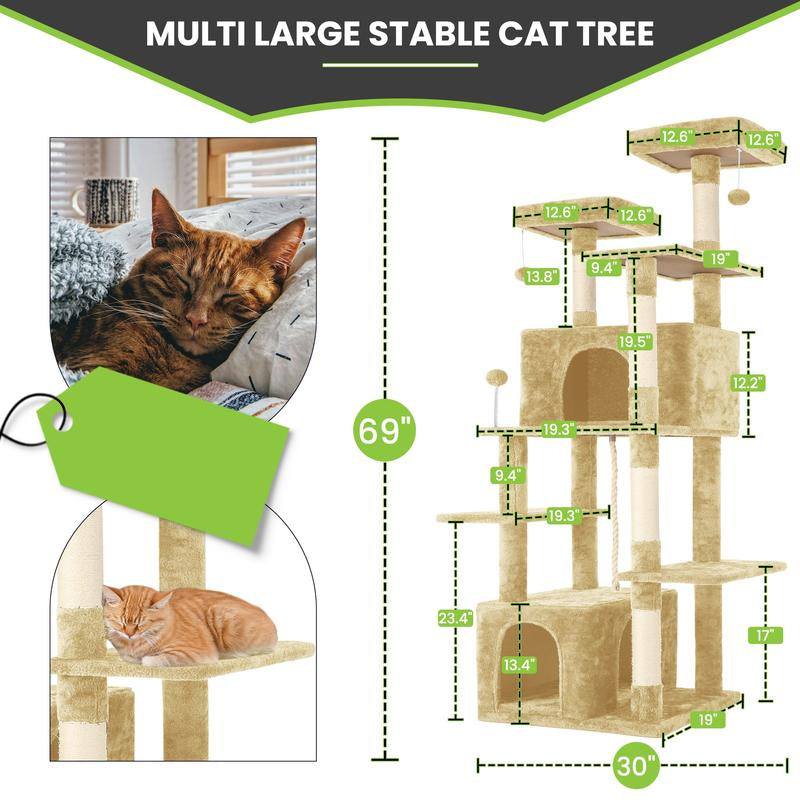 Wecharmer Cat Tree / Tower for Indoor with Green Leaves, Cat Condo Cozy Plush House with Hang Ball, Pet Furniture with Scratching Posts Cat Tree
