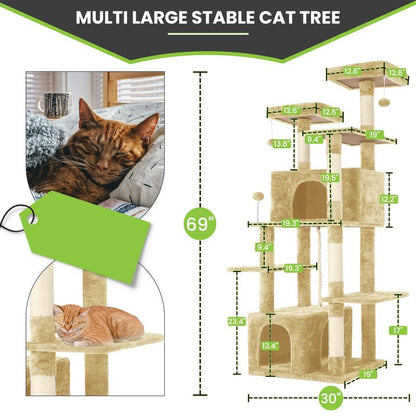 Wecharmer Cat Tree / Tower for Indoor with Green Leaves, Cat Condo Cozy Plush House with Hang Ball, Pet Furniture with Scratching Posts Cat Tree