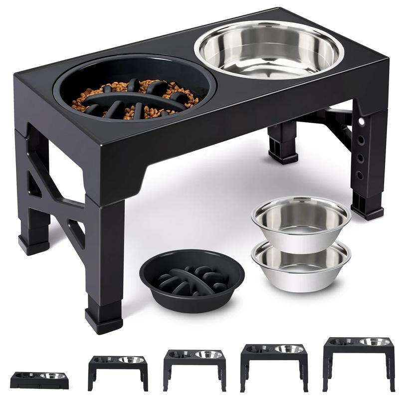 Elevated Dog Bowls, 5 Adjustable Heights Raised Dog Bowl Stand, with 2 Stainless Steel Dog Food Bowls and 1 Slow Feeder Dog Bowl, Adjusts to Height 3.2" to 12.2" for Small Medium Large Dogs Feeding