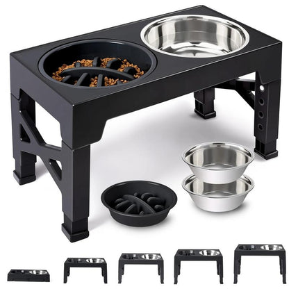 Elevated Dog Bowls, 5 Adjustable Heights Raised Dog Bowl Stand, with 2 Stainless Steel Dog Food Bowls and 1 Slow Feeder Dog Bowl, Adjusts to Height 3.2" to 12.2" for Small Medium Large Dogs Feeding