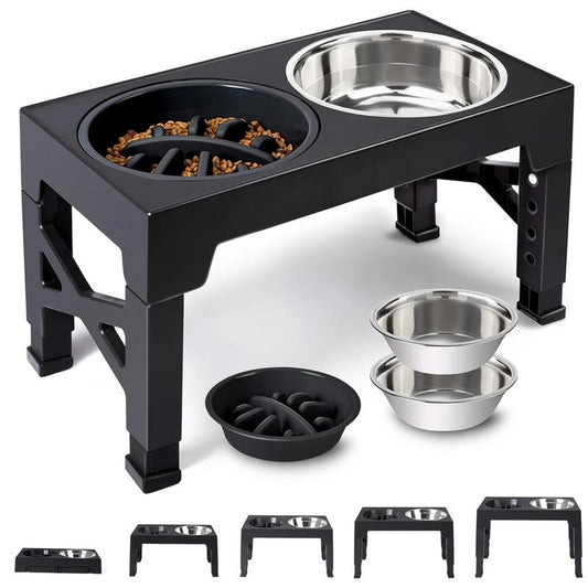 Elevated Dog Bowls, 5 Adjustable Heights Raised Dog Bowl Stand, with 2 Stainless Steel Dog Food Bowls and 1 Slow Feeder Dog Bowl, Adjusts to Height 3.2" to 12.2" for Small Medium Large Dogs Feeding