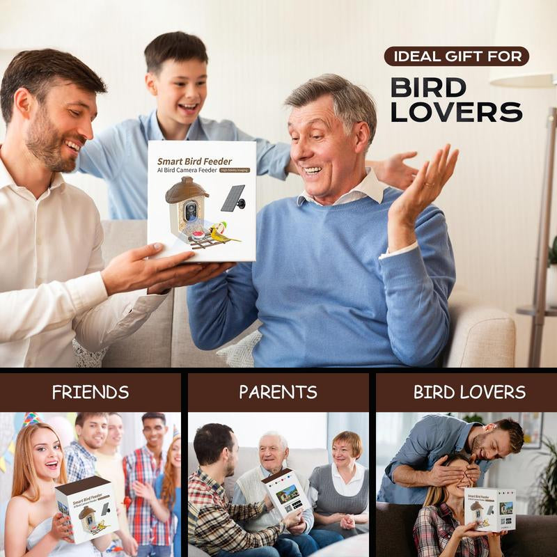 Smart Bird Feeder with Camera 2K HD Live Video Solar Powered AI Bird Species Identification Auto Capture Video Instant Arrival Alerts Ideal Gift for Mom Dad Bird Lovers