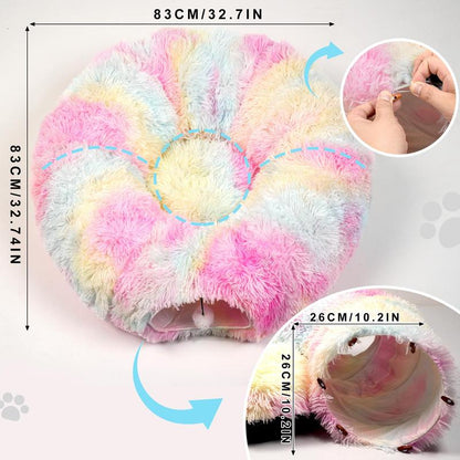 Winter Warm Pet Bed, 2 in 1 Foldable Cat Tunnel Cat Bed, Warm Plush Cat Bed with Hanging Ball & Tunnel Buckle, Pet Supplies for Indoor Outdoor Use
