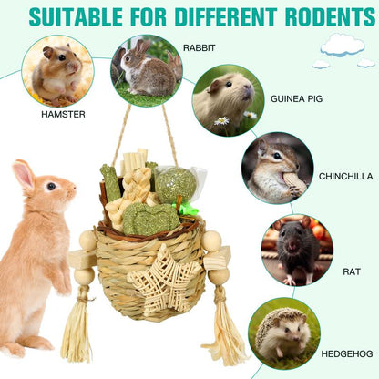 Rabbit Toy Natural Reed Grass Hanging Basket Chews, Woven Bunny Chewing Timothy Cake Wood Treats for Small Pets