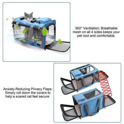 Soft-Sided Pet Carrier for Cats & Small Dogs, Foldable & Breathable Mesh Travel Bag with Secure Zippers & Privacy Flaps for Vet, Car, and Air Travel.