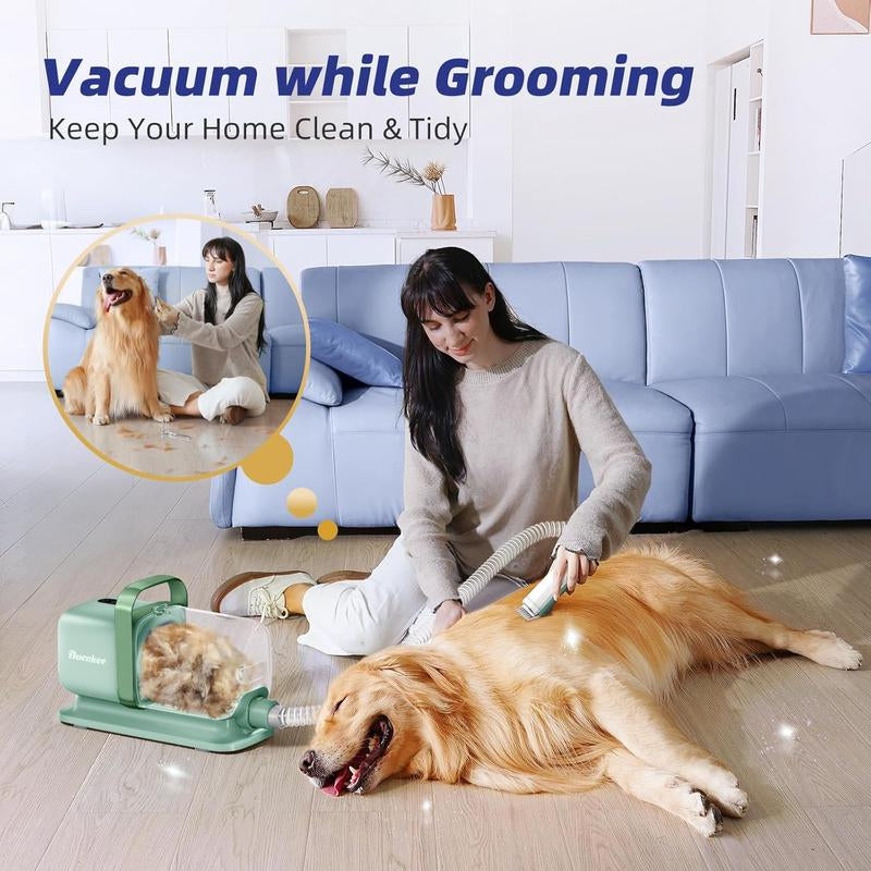 Buenkee Dog Grooming Kit with Pet Grooming Vacuum, Dog Clipper, Pet Grooming Shedding Brush, Cleaning Tool in 1, Low Noise Dog Vacuum for Dogs Cats, Green
