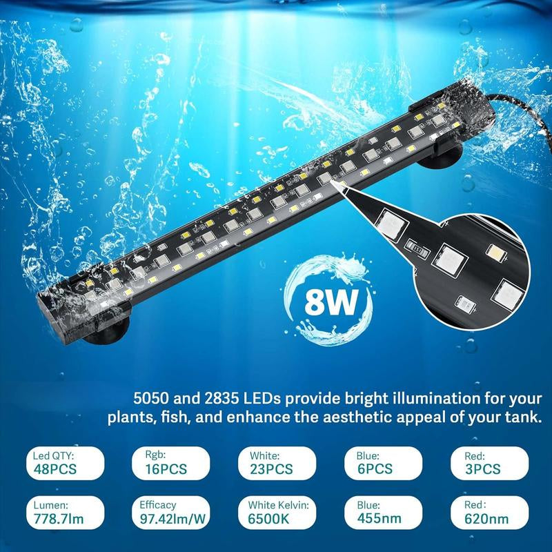 24/7 Mode Submersible Aquarium LED Light, Full Spectrum Hidden Fish Tank Light with 3 Rows Beads 7 Colors Auto on off Sunrise-Daylight-Moonlight, Adjustable Timer Brightness 8W