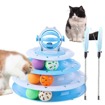 Interactive 4-Tier Roller Track Cat Toys with Colorful Chase Balls & Funny Cat Stick for Stimulating Kitty Senses & Hunting Instincts Geometric Design Anti-Slip Pads Safe Durable Material