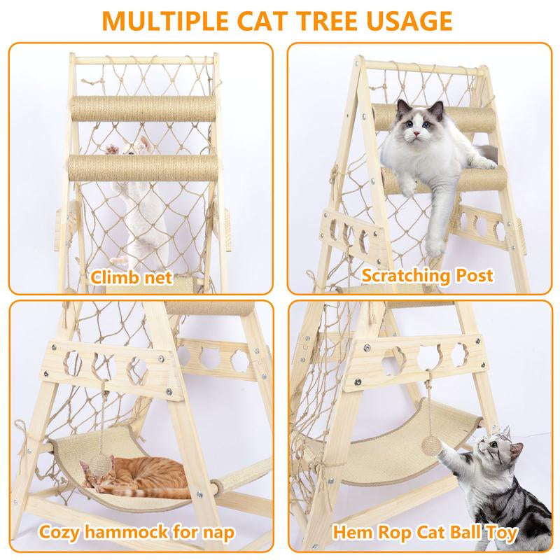 Cat Tower for Indoor Cats with Hammock Straching Post Climbing Web and Danging Sisal Ball, Cute Solid Wood Cat Tree Cat Furniture Pet House with Cat Scratching Posts