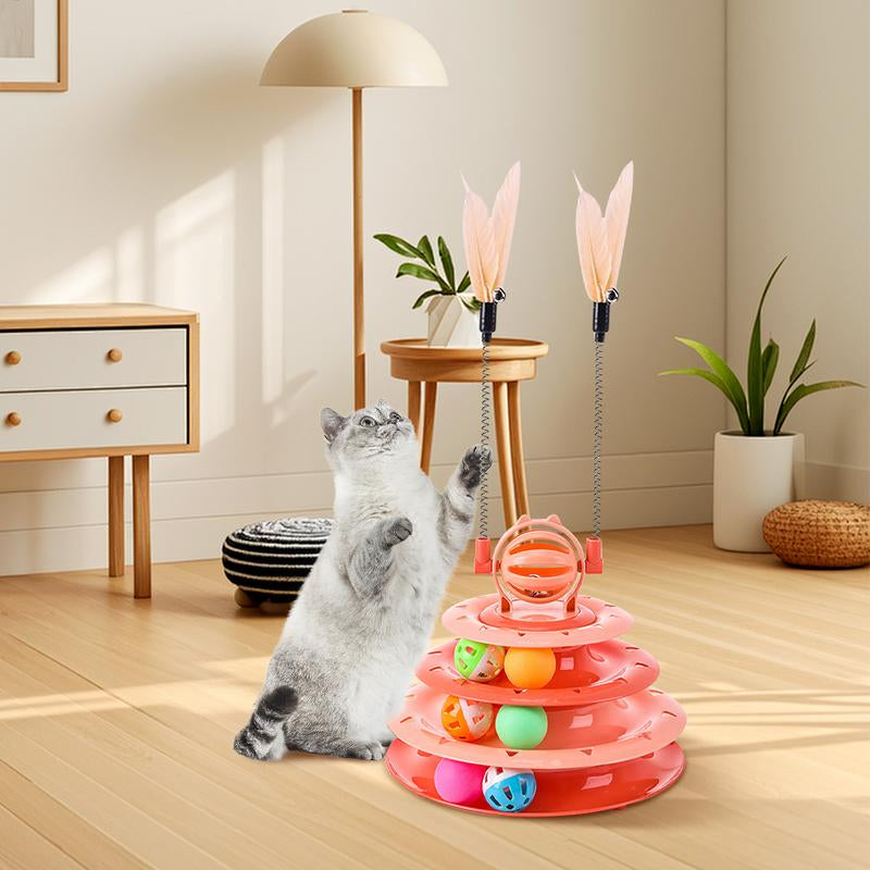 Interactive 4-Tier Roller Track Cat Toys with Colorful Chase Balls & Funny Cat Stick for Stimulating Kitty Senses & Hunting Instincts Geometric Design Anti-Slip Pads Safe Durable Material