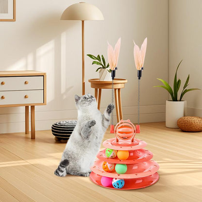 Interactive 4-Tier Roller Track Cat Toys with Colorful Chase Balls & Funny Cat Stick for Stimulating Kitty Senses & Hunting Instincts Geometric Design Anti-Slip Pads Safe Durable Material