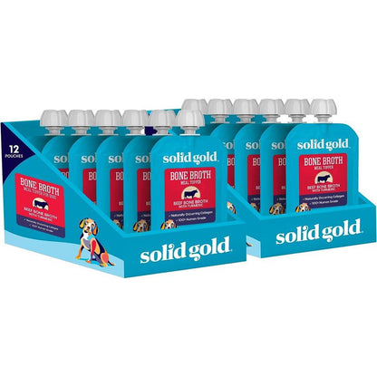 Solid Gold Bone Broth Beef Topper for Dogs - Nutrient-Rich Flavor with Turmeric for Picky Eaters - Made in USA - 12 Pouches