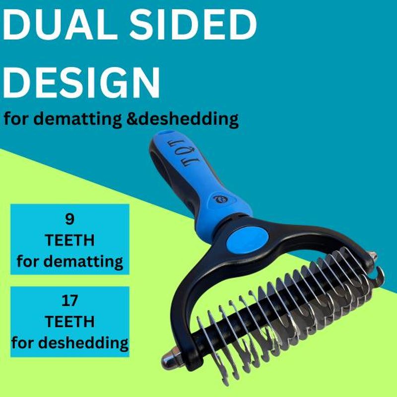TQT Pet Grooming Brush - Double Sided Shedding and Dematting Undercoat Rake Comb for Dogs and Cats, No More Nasty Shedding or Flying Hair